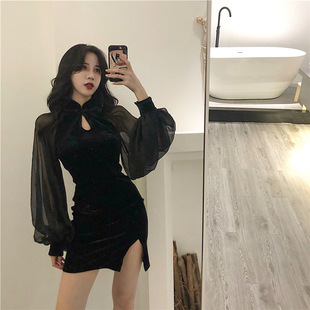 秋季直播衣服女主播气质国风复古改良旗袍短款修身显瘦长袖连衣裙