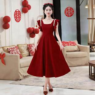 红色小飞袖 订婚礼服敬酒高级感结婚穿搭春夏 方领连衣裙女小众法式