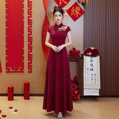 中式红色夏季新娘敬酒回门旗袍