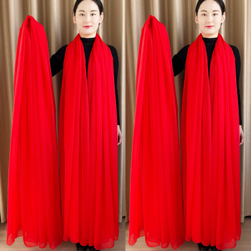 女士红色丝巾春秋季围巾女红沙巾广场舞蹈纱巾长款披肩防晒沙滩巾