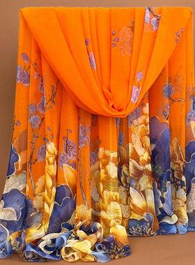 秋冬时尚丝巾新款白色印花女士橙色围巾高档杭州网红纱巾超大披肩