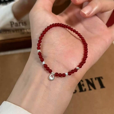 s925纯银红玛瑙小银坨手串女设计感复古新中式本命年精致福袋手链