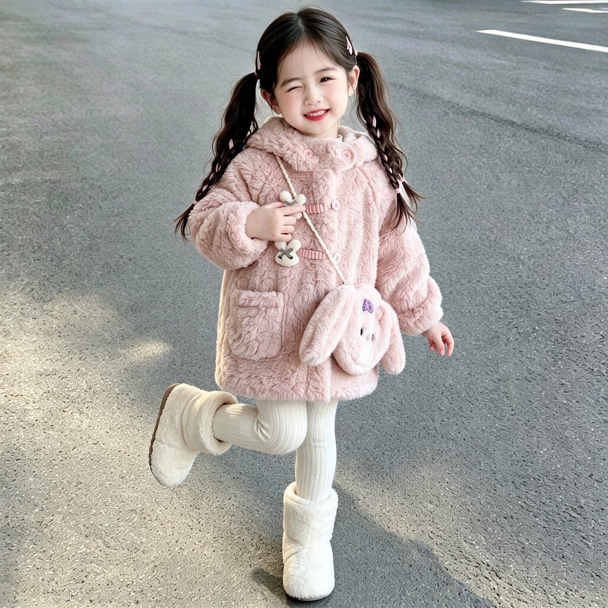 女童毛茸茸连帽外套2026冬季新款小女孩加厚保暖毛毛衣洋气中长款