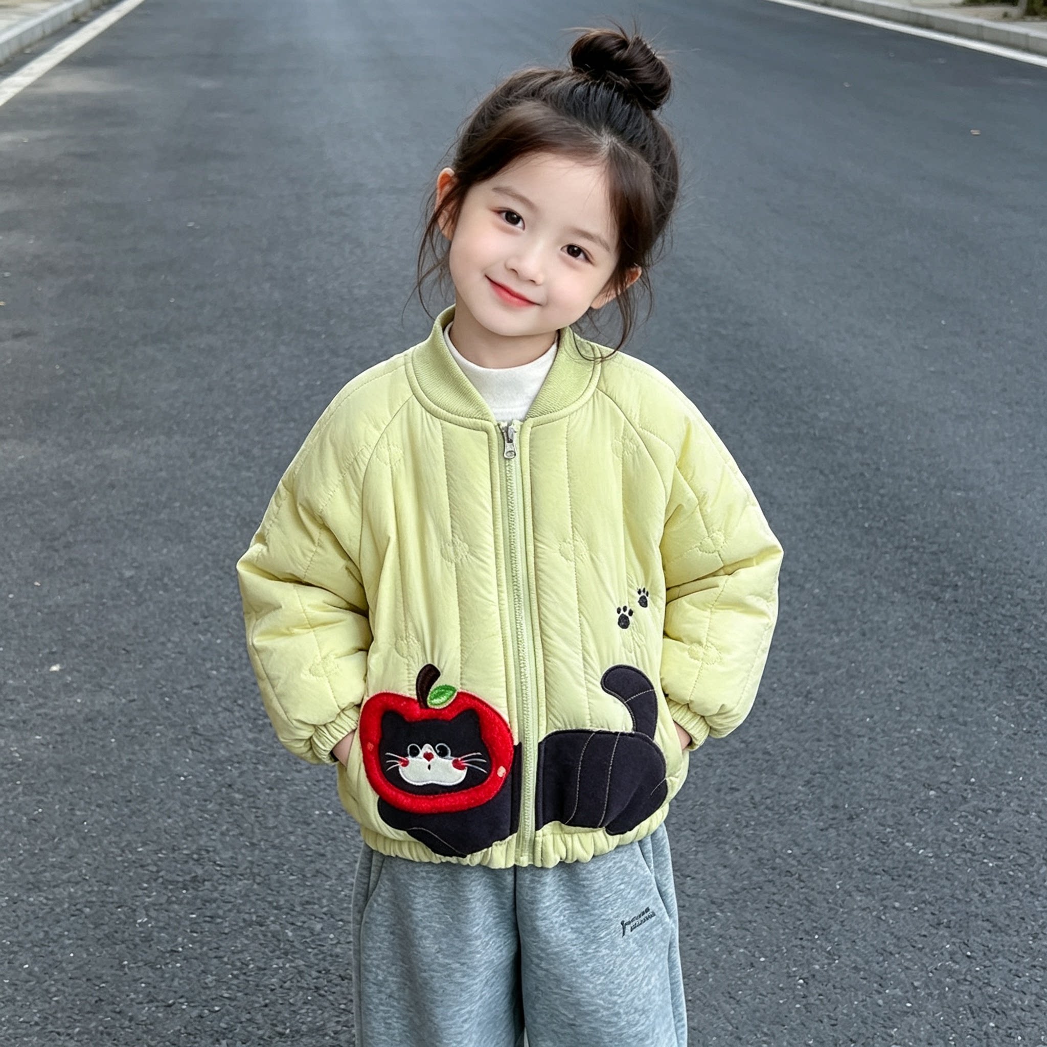女童卡通猫咪棉服外套2026冬季新款女孩加厚保暖可爱休闲拉链棉衣