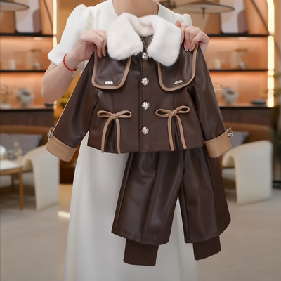 女童毛领皮衣外套2025冬季新款女宝宝加绒加厚保暖洋气时髦两件套