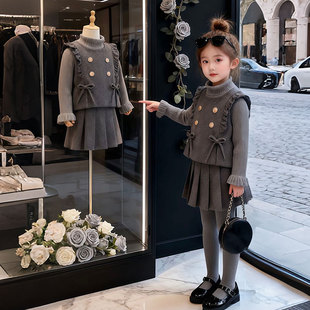 女孩蝴蝶结外套百褶裙打底衫 冬季 三件套 2025新款 女童加厚保暖套装