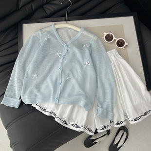清新蓝色上衣 女童夏季 新款 韩版 2025小女孩轻薄透气蝴蝶结防晒开衫