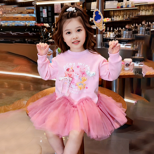 女童卫衣裙春季2026新款小女孩洋气百搭休闲中小童网纱拼接连衣裙