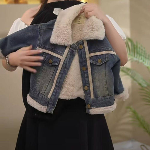 儿童加绒夹克2025秋冬装男女童韩版灰兔毛内里保暖加厚牛仔外套潮