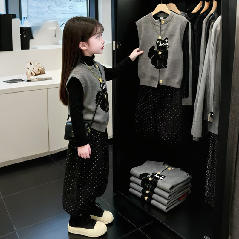 女童春秋马甲波点裤套装洋气休闲三件套2026新款女孩时尚休闲穿搭
