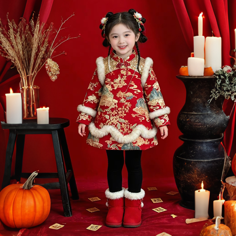 女童国风旗袍加绒加厚冬季拜年服