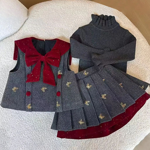 女童冬季 女孩蝴蝶结背心毛衣百褶裙两件套 加厚保暖三件套2025新款
