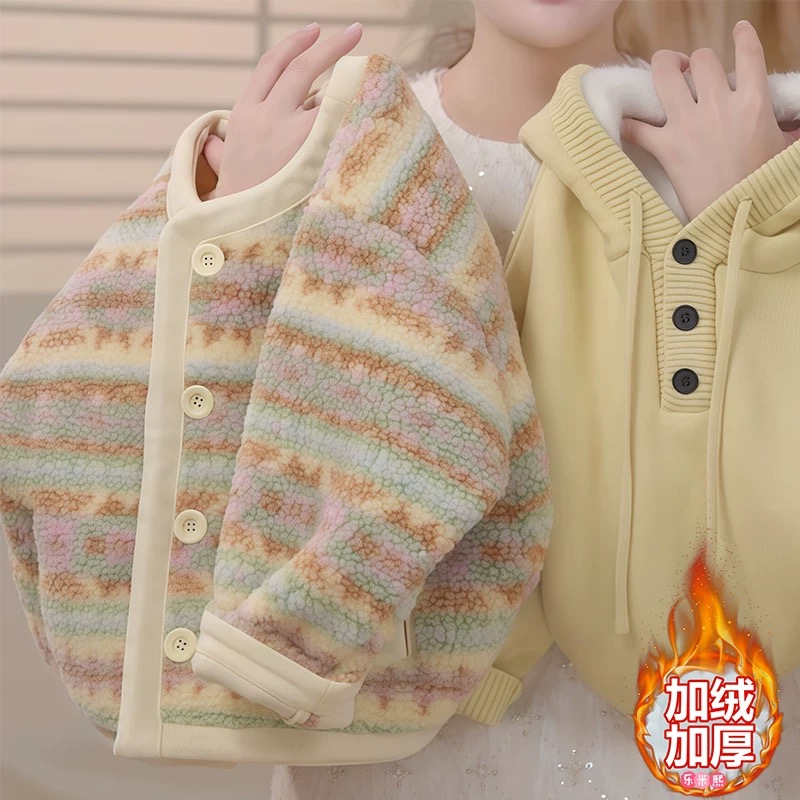 女童加绒加厚两件套2025新款女孩冬季保暖连帽针织上衣毛毛衣外套