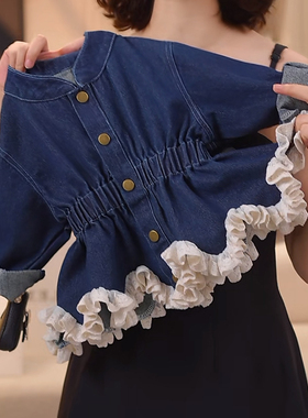 女童秋季牛仔外套2025新款女孩洋气中长款卡通拼接花边甜美牛仔裙