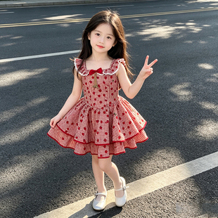 女童甜美无袖连衣裙2026夏季新款女孩韩版洋气儿童红色格子中长裙