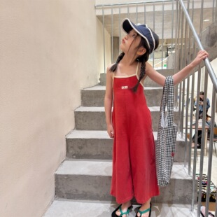 女童吊带背带裤2026夏季新款女孩韩版洋气休闲贴标吊带阔腿九分裤
