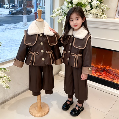 女童冬装新款加绒加厚毛领外套假两件裤子套装2025新款皮衣两件套