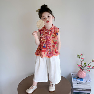 女童夏季古典盘扣国风套装2025款中小童古风马甲阔腿裤两件套唐装