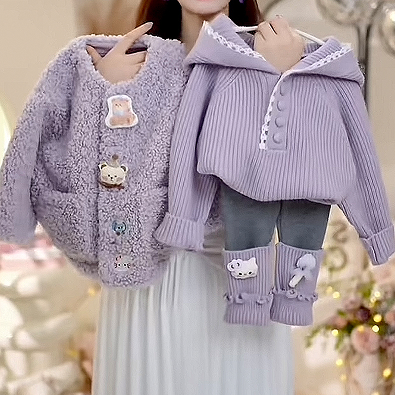 女童冬季加厚保暖套装2025新款女孩洋气毛毛衣针织衫打底裤三件套