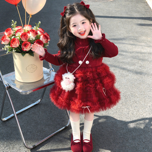 女童秋冬加绒红色网纱蛋糕裙两件套2026新款小女孩洋气公主裙套装