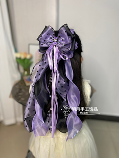 儿童卡通库洛米蝴蝶结发夹超仙紫色波点网纱大飘带蝴蝶结发饰头花