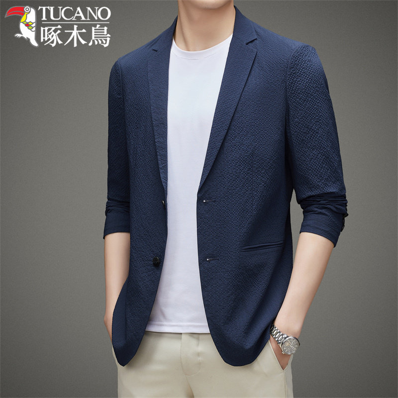 啄木鸟春秋西服男士休闲纯色薄款小西装修身便西外套韩版单西潮潮