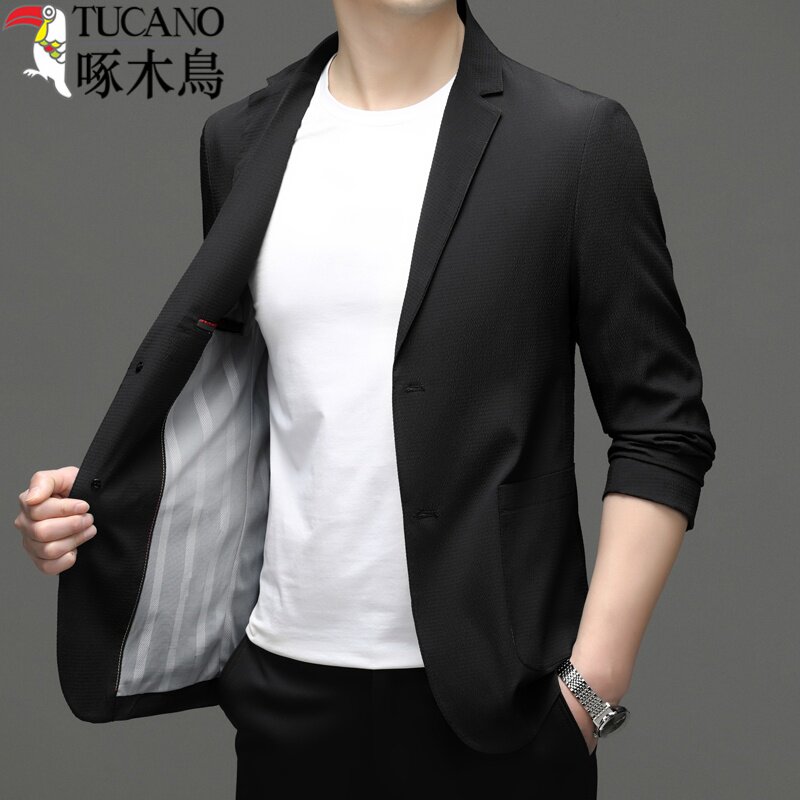 啄木鸟男士休闲西服2026春夏季轻薄款商务修身冰丝防晒小西装外套