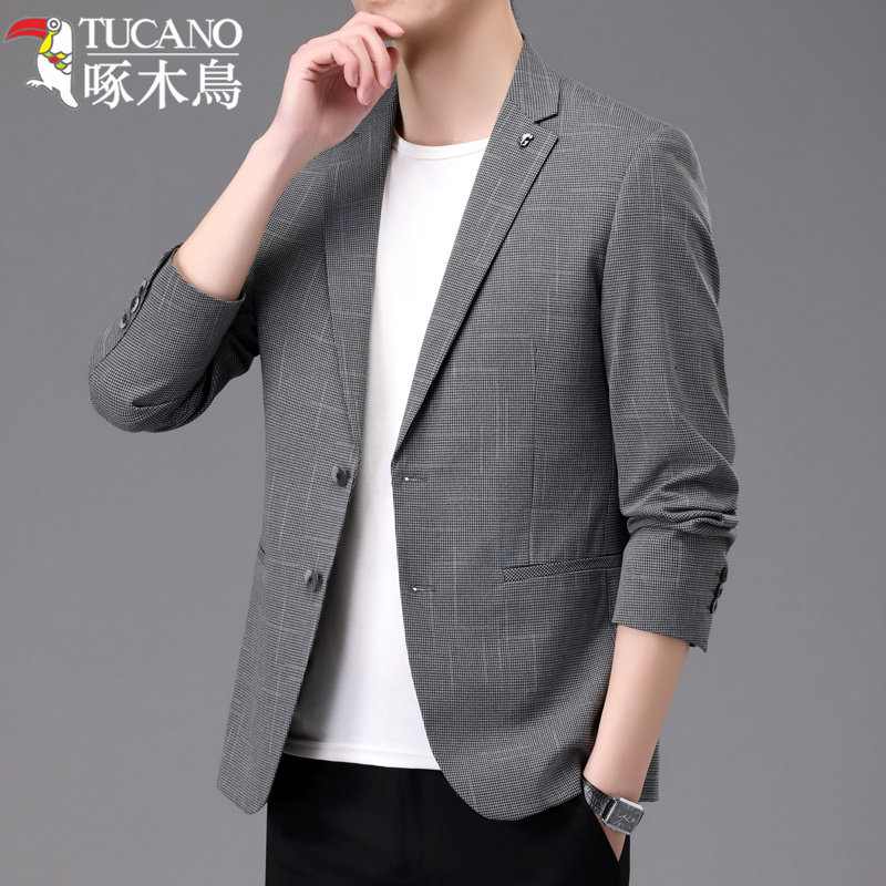 啄木鸟休闲西服男春秋2025新款高级感单西韩版修身格子小西装外套