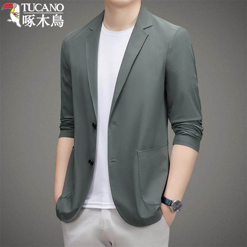 啄木鸟轻薄款防晒西服休闲夏季弹力抗皱男士冰丝原纱单西装外套潮