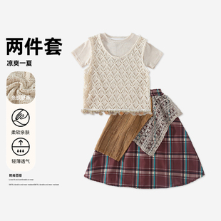 夏季新款儿童复古文艺风马甲打底拼色蛋糕裙三件套-HCB341