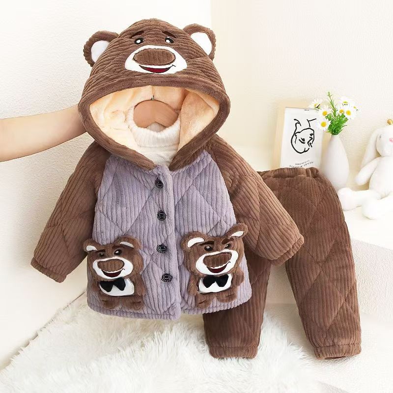 婴儿加绒加厚冬季睡衣0一1岁男宝宝女童3三层夹棉4法兰绒分体套装