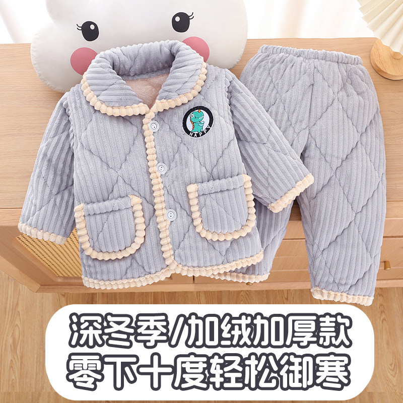 婴儿冬季加绒加厚睡衣0一1岁法兰绒男宝宝女童3三层夹棉5保暖套装