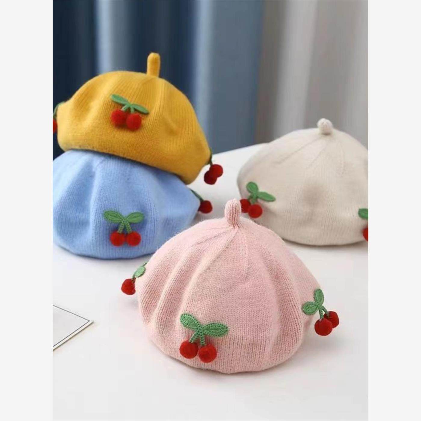 婴儿秋冬帽子女童蓓蕾帽毛线针织可爱樱桃单层贝雷帽女宝宝潮韩版