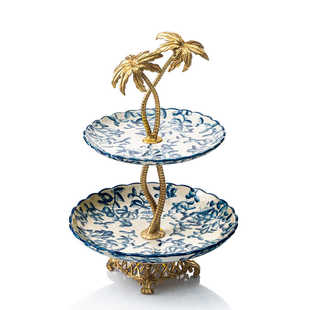 陶瓷镶铜分格点心盘高档青花瓷器软装 欧式 客厅工艺品双层果盘摆件