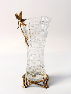 创意铜 饰花器奢华配欧式 玄关装 客厅水晶玻璃花瓶摆件插花花瓶美式