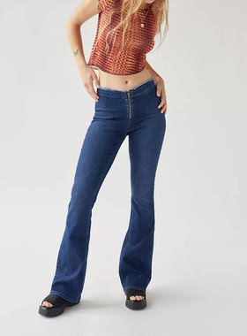 BDG&UO—深蓝色毛边有弹力低腰拉链门襟小喇叭裤