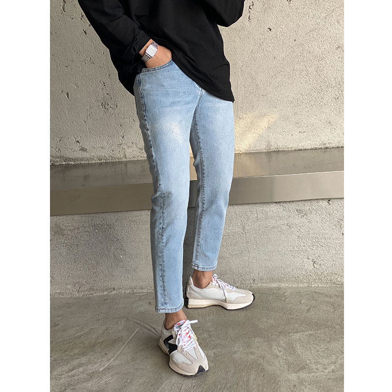 DT大叹秋冬弹力牛仔裤男韩版修身小直筒松紧腰水洗百搭港风九分裤