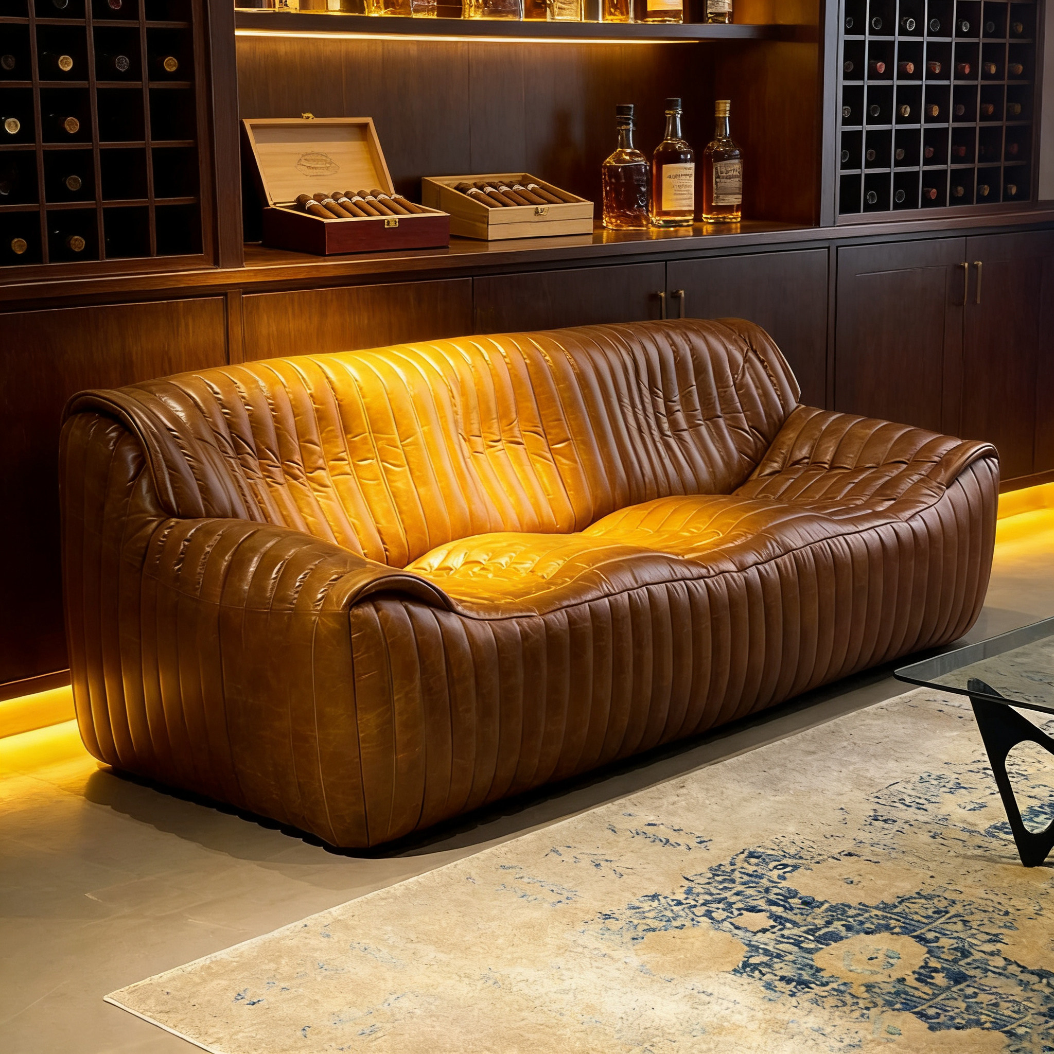 复古高端美式油蜡皮真皮直排沙发中古做旧设计师款雪茄吧波浪沙发,住宅家具,皮艺沙发,淘宝优惠券,粉丝福利购,淘宝优惠卷