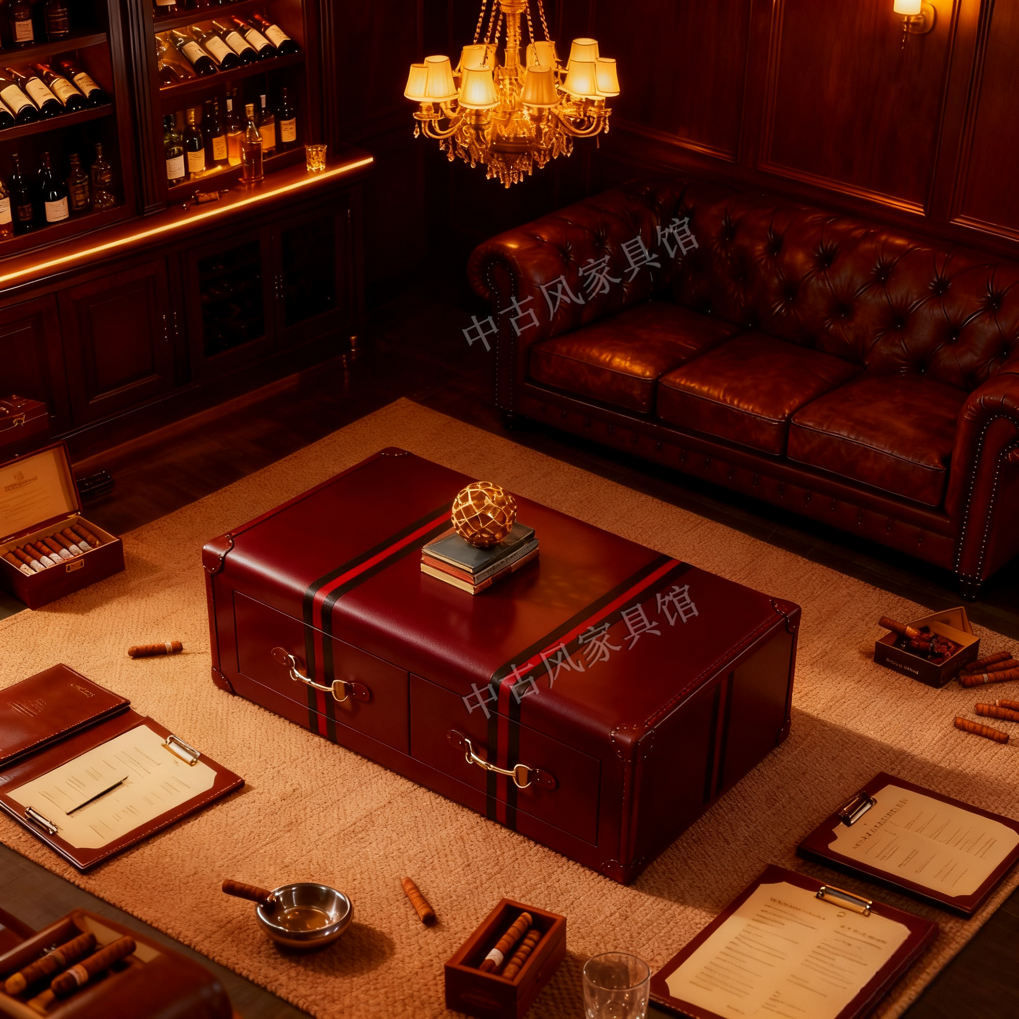 中古风皮箱茶几桌复古方形储物做旧工艺客厅家具茶几别墅房雪茄吧