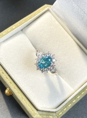 纯银s925海蓝宝高碳钻冰花切戒指