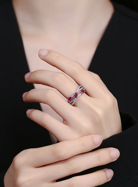 鸽血红宝石法式交叉纯银925戒指