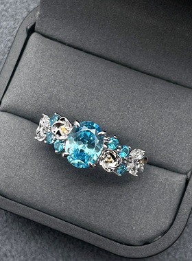 纯银925海蓝宝培育高碳钻戒指