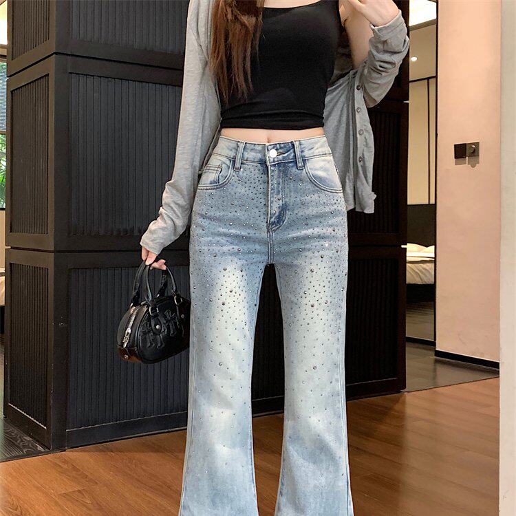 实拍 春款烫钻微喇牛仔裤女新款高腰显瘦小个子百搭修身马蹄长裤