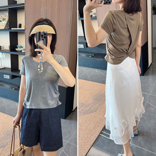 轻奢女 小心机设计 纯尾25夏季 复古短袖 T恤腰部褶皱背镂空极简法式