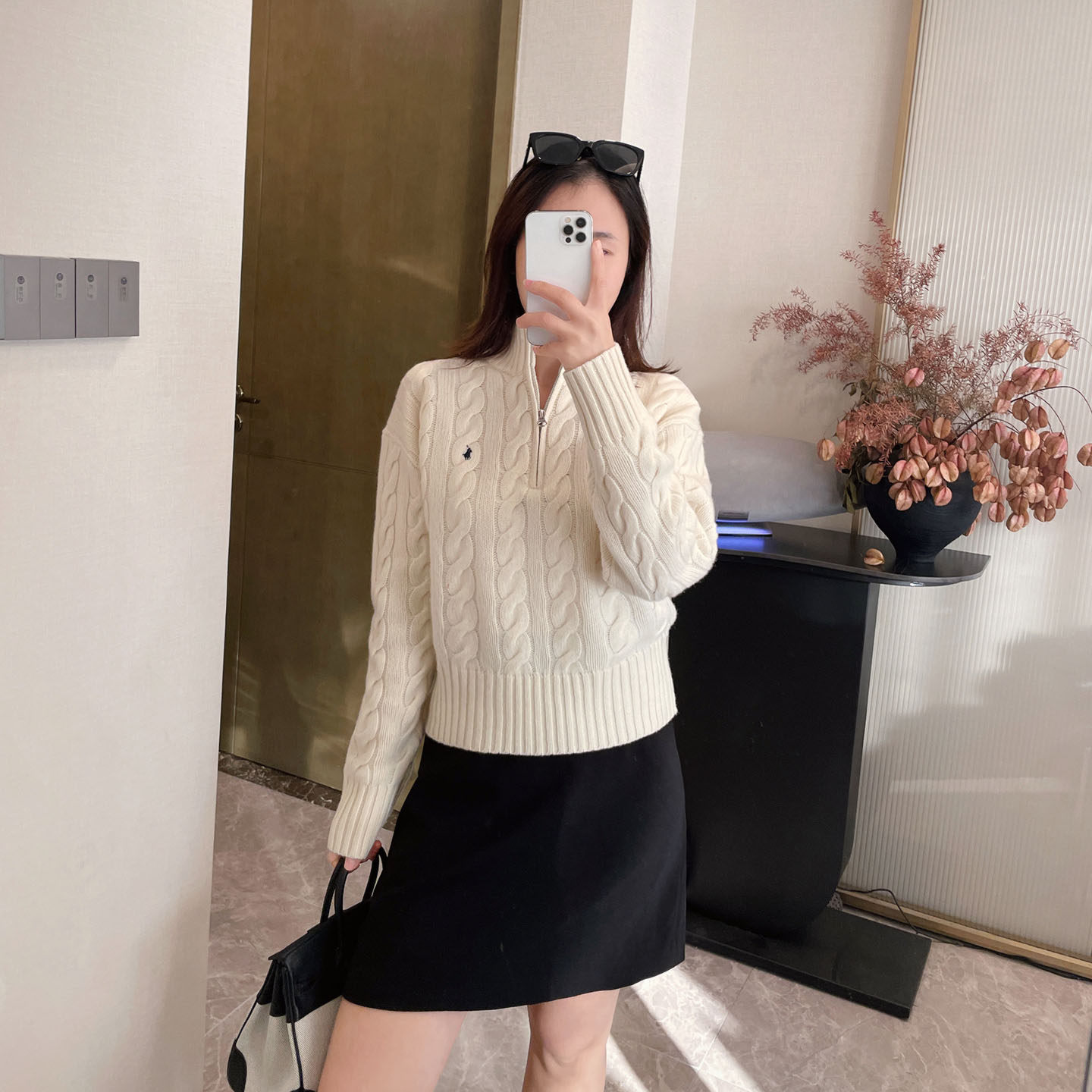 老钱风 小马刺绣立领绞花半拉链20%山羊绒羊毛针织衫毛衣 女