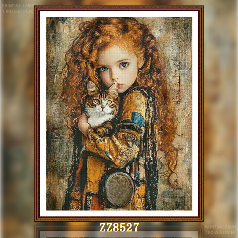 【ZZ8527-少女与猫】十字绣2026年新款客厅竖版玄关油画人物类型
