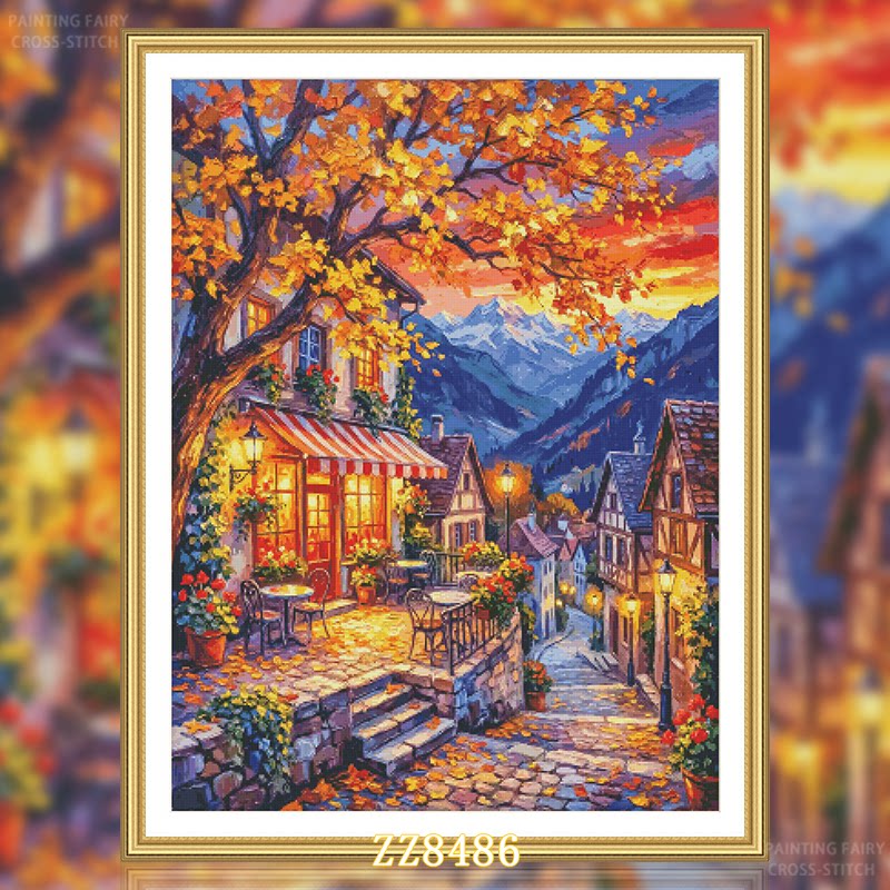 【ZZ8486-暮色下的秋日小镇】十字绣2026新款客厅餐厅竖版风景画