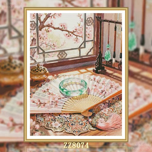 【ZZ8074-玉扇书香】十字绣2026新款客厅餐厅花卉系列简约竖版画