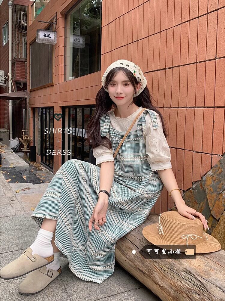 甜美风套装女夏季蕾丝花边泡泡袖衬衫减龄格子背带裙连衣裙两件套