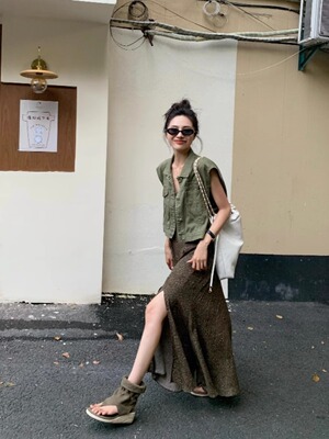 kumikumi法式复古套装开叉吊带连衣裙女装春季无袖牛仔马甲两件套